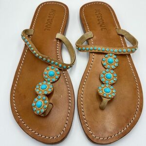 Mystique Turquoise Cabochon Leather Thong Flip Flop Sandals Rare